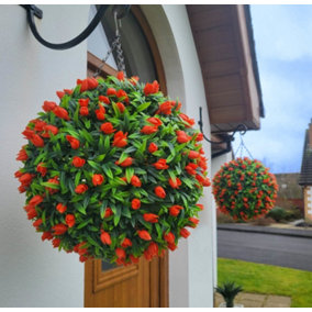 Best Artificial 38cm Orange Lush Tulip Hanging Basket Flower Topiary Ball - Suitable for Outdoor Use - Weather & Fade Resistant