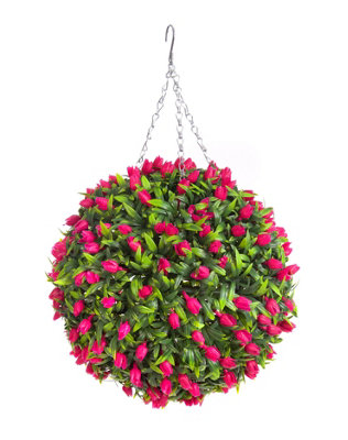 Best Artificial 38cm Pink Lush Tulip Hanging Basket Flower Topiary Ball - Suitable for Outdoor Use - Weather & Fade Resistant