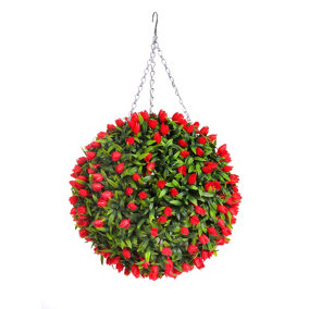 Best Artificial 38cm Red Lush Tulip Hanging Basket Flower Topiary Ball - Suitable for Outdoor Use - Weather & Fade Resistant