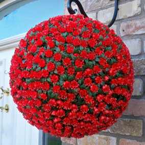 Best Artificial 38cm Red Rose Hanging Basket Flower Topiary Ball - Suitable for Outdoor Use - Weather & Fade Resistant