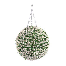 Best Artificial 38cm White Ivory Rose Hanging Flower Topiary Ball - Suitable for Outdoor Use - Weather & Fade Resistant