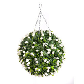 Best Artificial 38cm White Lush Tulip Hanging Basket Flower Topiary Ball - Suitable for Outdoor Use - Weather & Fade Resistant