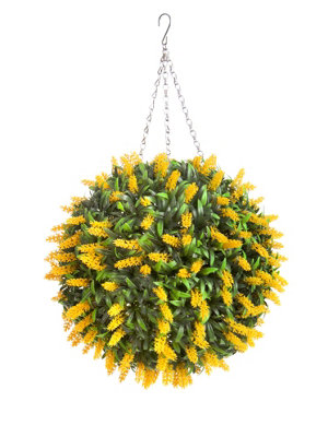 Best Artificial 38cm Yellow Lush Lavender Hanging Basket Flower Topiary Ball - Suitable for Outdoor Use - Weather & Fade Resistant