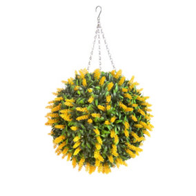 Best Artificial 38cm Yellow Lush Lavender Hanging Basket Flower Topiary Ball - Suitable for Outdoor Use - Weather & Fade Resistant