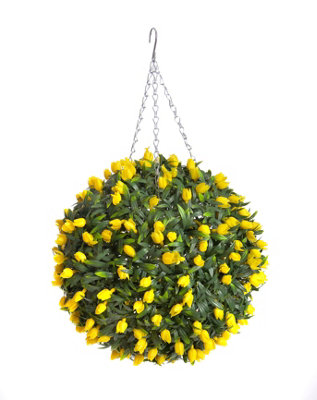 Best Artificial 38cm Yellow Lush Tulip Hanging Basket Flower Topiary Ball - Suitable for Outdoor Use - Weather & Fade Resistant