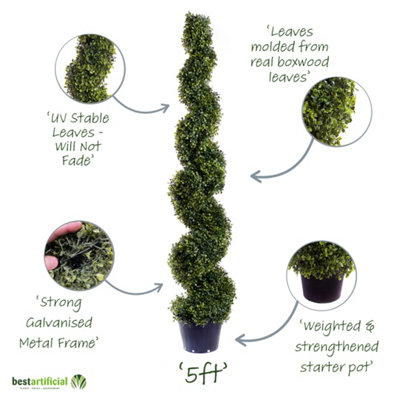 Best Artificial 5ft - 150cm Green Boxwood Spiral Topiary Tree - Suitable for Outdoor Use - Weather & Fade Resistant