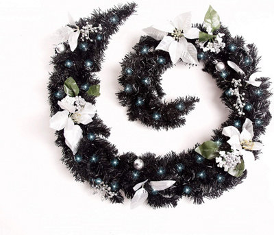 Best Artificial 6ft Black & Silver Decorated Christmas Garland with 50 bright white battery lights