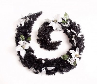 Best Artificial 6ft Decorated Black & Silver Decorated Christmas Garland with Baubles Berries and pinecones Suitable for Fireplace