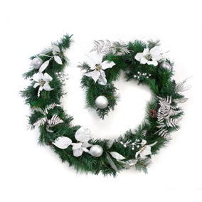 Best Artificial 6ft Decorated White & Silver Decorated Christmas Garland with Baubles Berries and pinecones Suitable for Fireplace