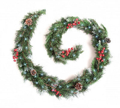 Best Artificial 6ft Deluxe Frosted Christmas Garland with Pine Cones & Winter Red Berries with 50 Bright White battery lights