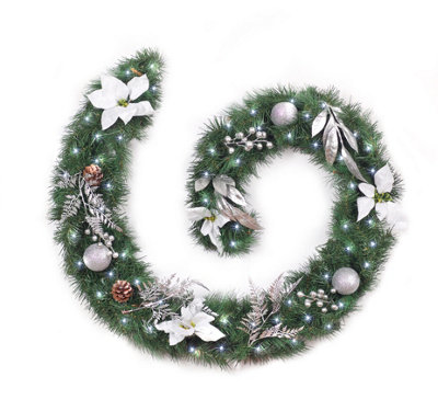 Best Artificial 6ft White & Silver Decorated Christmas Garland with 50 bright white battery lights
