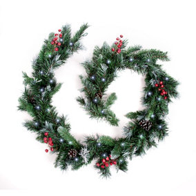Best Artificial 9ft Deluxe Frosted Christmas Garland with Pine Cones, Winter Red Berries & 80 Bright White battery lights