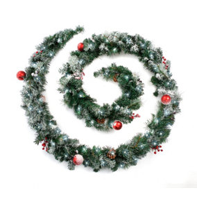 Best Artificial Christmas 12ft Frosted Red Garland with 100 Bright White battery lights