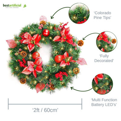 Best Artificial Christmas 60cm Red Decorated Wreath with 30 Bright White LED battery Lights