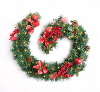 Best Artificial Christmas 6ft Red Decorated Garland with 50 warm white battery lights