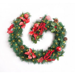 Best Artificial Christmas 6ft Red Decorated Garland with 50 warm white battery lights