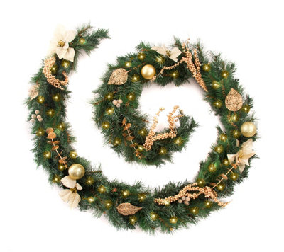 Best Artificial Christmas 9ft Gold Decorated Garland with 80 warm white battery lights
