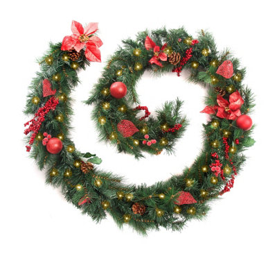 Best Artificial Christmas 9ft Red Decorated Garland with 80 Warm White Battery Lights