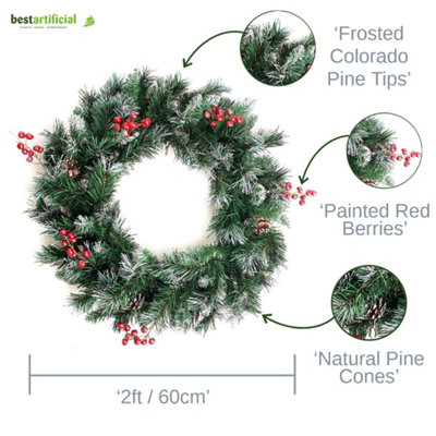 Best Artificial Deluxe Frosted Christmas Wreath with Pine Cones & Winter Red Berries