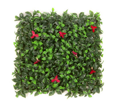 Best Artificial Laurel Leaf Red Flower Hedging Mat - 50cm x 50cm (20" x 20") UV Stable