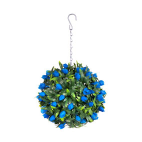 Best Artificial Outdoor 24cm Blue Tulip Hanging Basket Flower Topiary Ball - Suitable for Outdoor Use - Weather & Fade Resistant