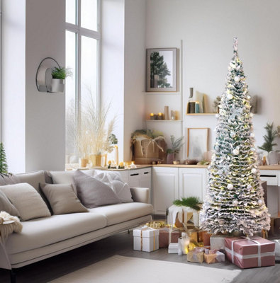 Best Artificial Plug and Battery Powered Frosted Snow Flocked Pop up 7ft Pre Decorated Pre Lit