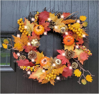 Best Artificial Pre-Lit 50cm / 20 inch Decorated Wicker Autumn Halloween Fall Harvest Winter Wreath with 30 LEDs