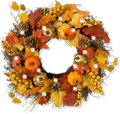 Best Artificial Pre-Lit 50cm / 20 inch Decorated Wicker Autumn Halloween Fall Harvest Winter Wreath with 30 LEDs