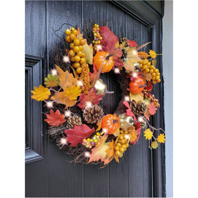 Best Artificial Pre-Lit 50cm / 20 inch Decorated Wicker Autumn Halloween Fall Harvest Winter Wreath with 30 LEDs