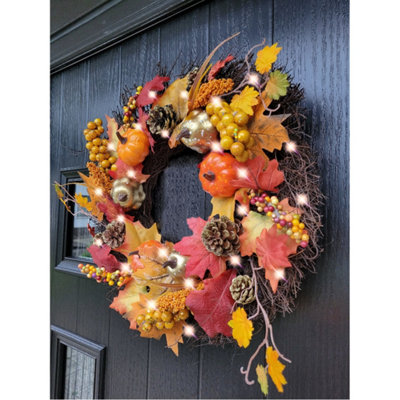 Best Artificial Pre-Lit 50cm / 20 inch Decorated Wicker Autumn Halloween Fall Harvest Winter Wreath with 30 LEDs