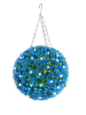 Best Artificial Pre-Lit Outdoor 28cm Blue Rose hanging Plastic Flower Topiary Ball