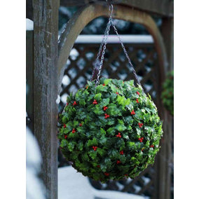 Best Artificial Pre Lit Outdoor 28cm Christmas Hanging Holly Flower Ball with plastic Red Berries
