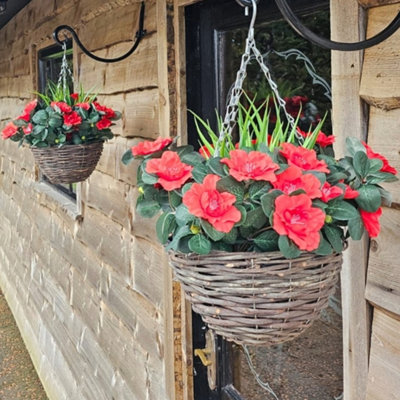 Best Artificial Red Azalea Flower with Rattan Wicker Hanging Basket for Indoor or Outdoor Use