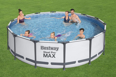 Bestway 14ft Steel Pro Max Round Frame Swimming Pool With Filter Pump Grey Family Kids
