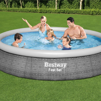 Bestway Fast Set Rattan Inflatable Pool, 13FT Swimming Pool, Blue