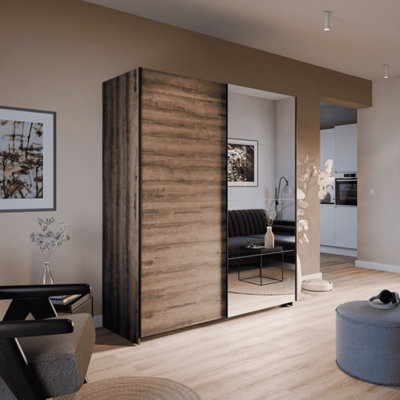 Beta Contemporary Mirrored Sliding 2 Door Wardrobe 5 Shelves 1 Rail Monastery Oak Effect (H)1800mm (W)2100mm (D)600mm