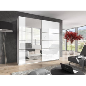 Beta Gloss Sliding Door Wardrobe H2100mm W1800mm D600mm - White Gloss & Mirrored Finish for Elegant Bedrooms