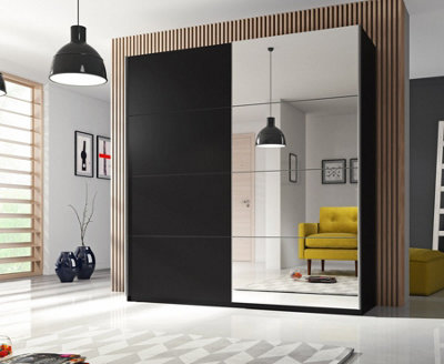 Beta Sliding Door Wardrobe 1800mm H2100mm D600mm - Sleek Black Matt with Mirrored Panels