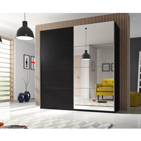 Beta Sliding Door Wardrobe 1800mm H2100mm D600mm - Sleek Black Matt with Mirrored Panels