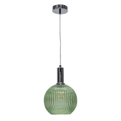 Betchley - Green Ribbed Glass Globe Chrome Deco Pendant Fitting