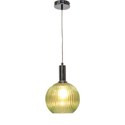 Betchley - Green Ribbed Glass Globe Chrome Deco Pendant Fitting