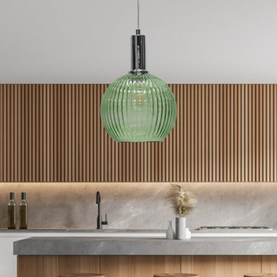 Betchley - Green Ribbed Glass Globe Chrome Deco Pendant Fitting