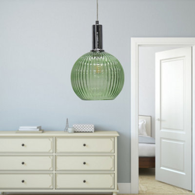Betchley - Green Ribbed Glass Globe Chrome Deco Pendant Fitting