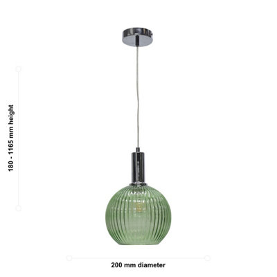 Betchley - Green Ribbed Glass Globe Chrome Deco Pendant Fitting