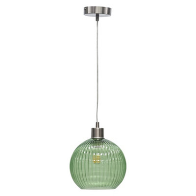 Betchley - Green Ribbed Glass Globe with Satin Nickel Pendant Fitting