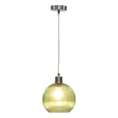 Betchley - Green Ribbed Glass Globe with Satin Nickel Pendant Fitting