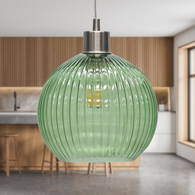 Betchley - Green Ribbed Glass Globe with Satin Nickel Pendant Fitting