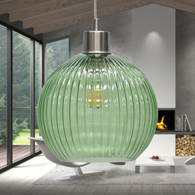 Betchley - Green Ribbed Glass Globe with Satin Nickel Pendant Fitting