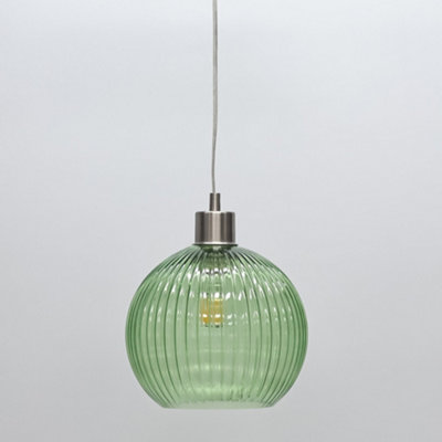 Betchley - Green Ribbed Glass Globe with Satin Nickel Pendant Fitting