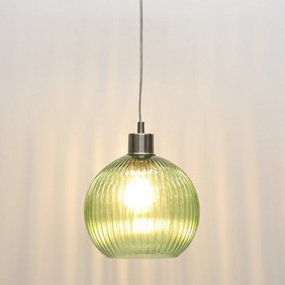 Betchley - Green Ribbed Glass Globe with Satin Nickel Pendant Fitting